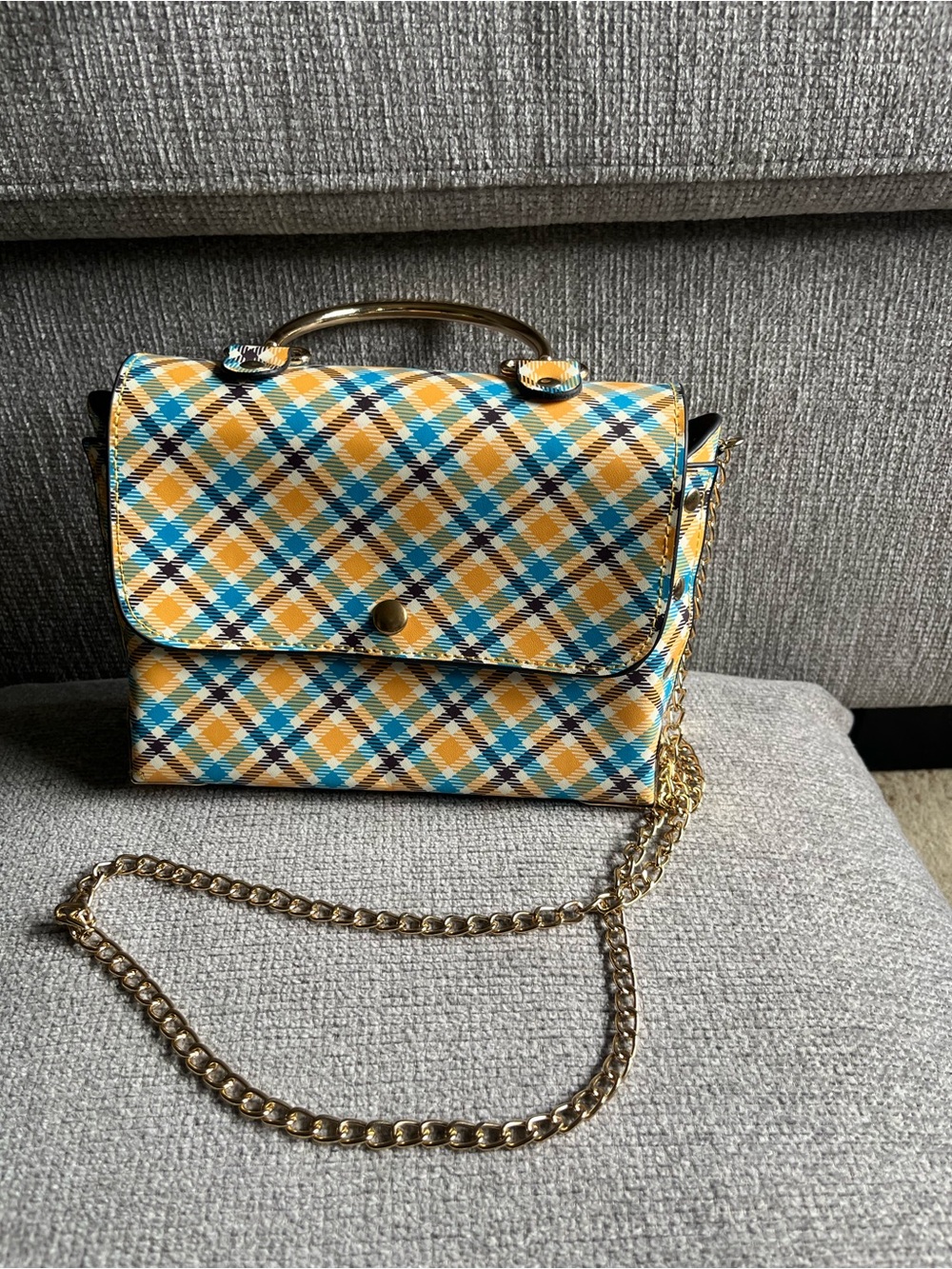 Plaid Yellow & Blue Top-Handle Crossbody Bag with Gold Chain